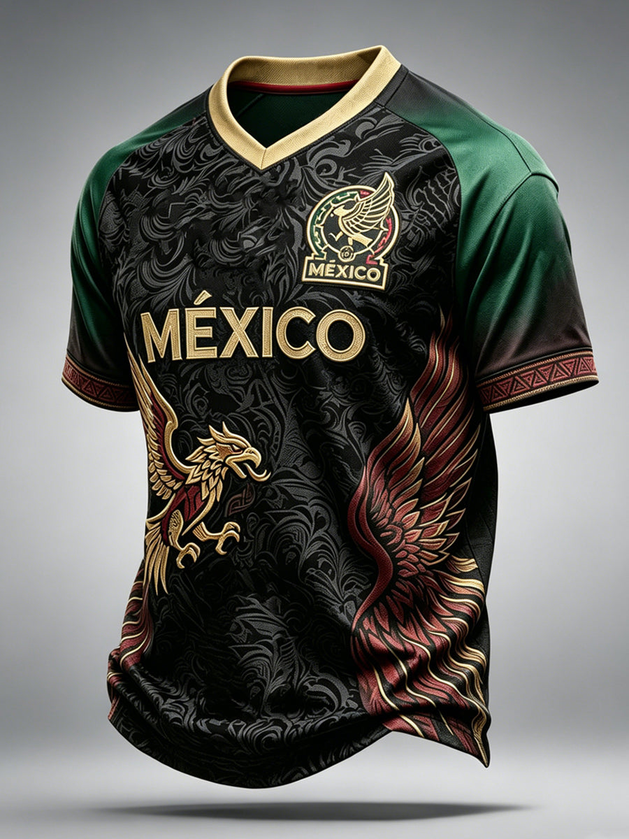 Camiseta de manga corta con estampado artístico del partido de fútbol mexicano masculino
