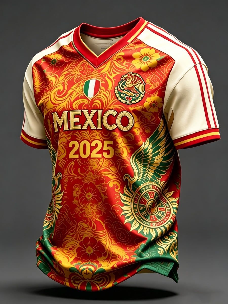 Camiseta de manga corta con estampado artístico del partido de fútbol mexicano masculino