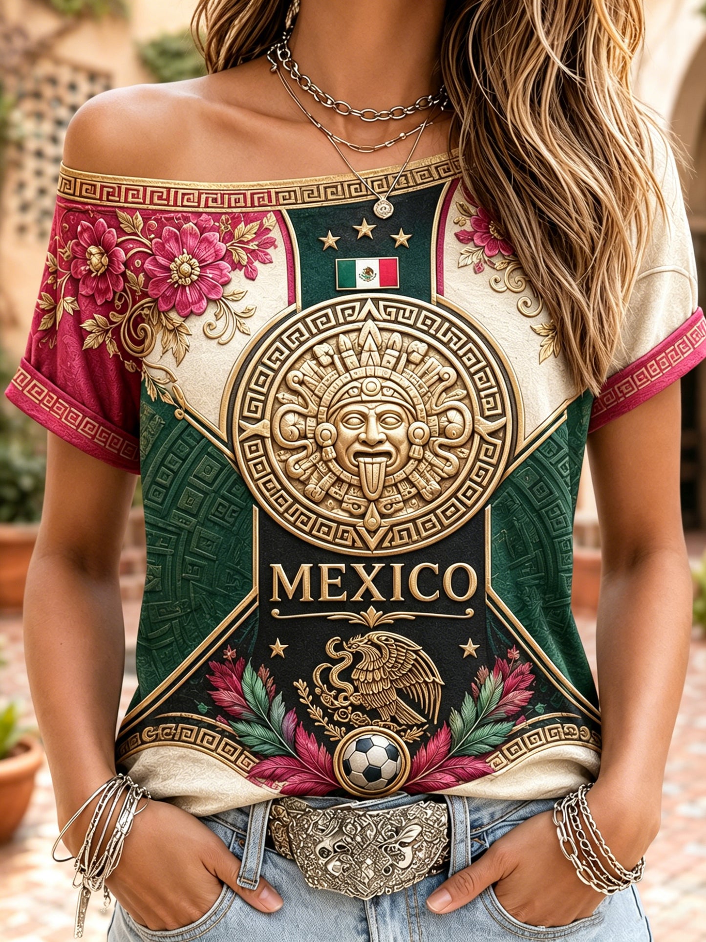 Estampado artístico de animación para partido de fútbol femenino mexicano – Parte superior