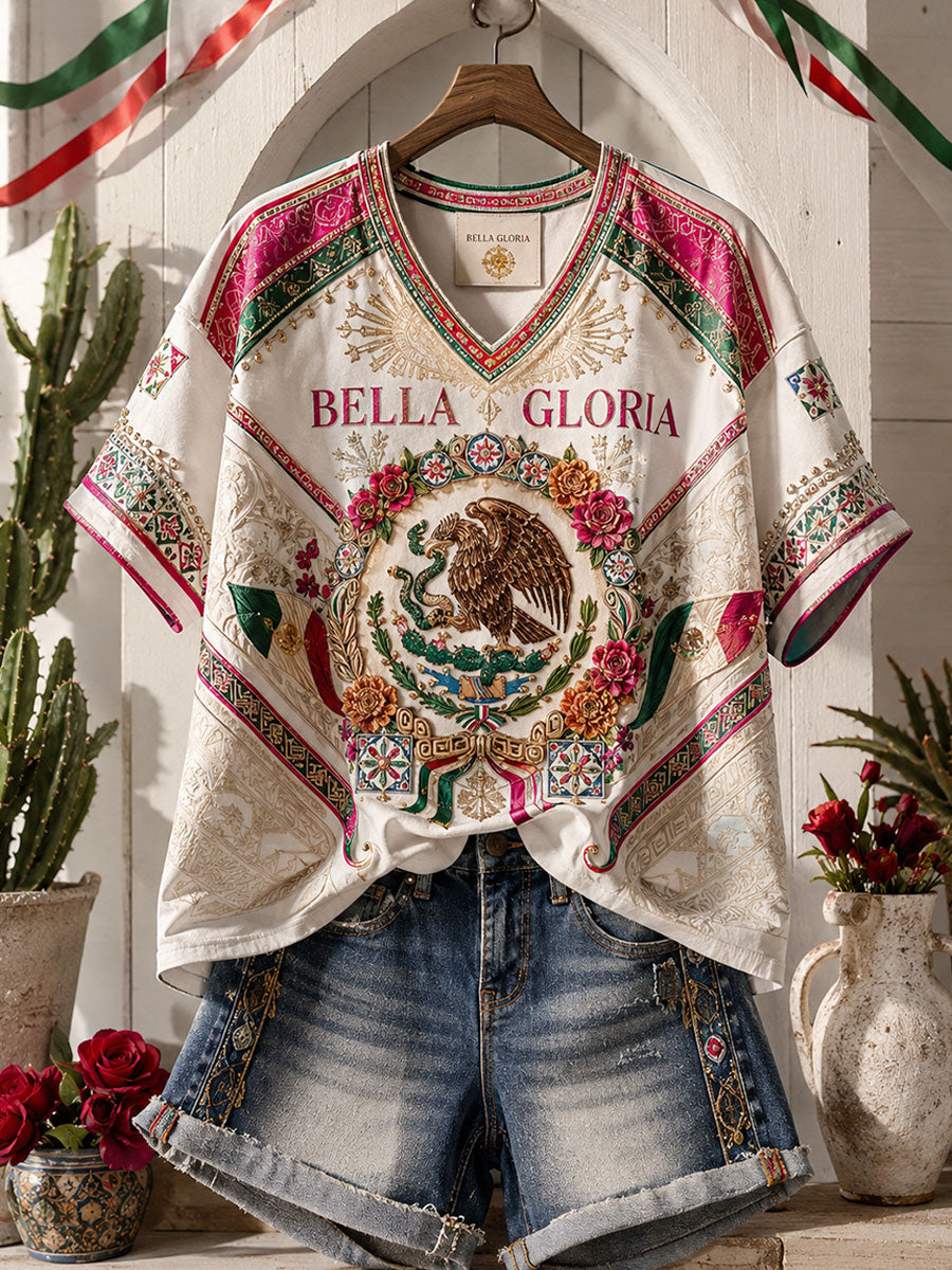 Camiseta de lino estampada con diseño del orgullo mexicano para mujer