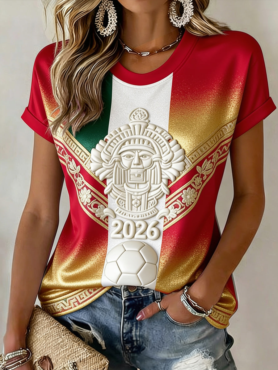 Camiseta con estampado artístico de partido de fútbol femenino mexicano