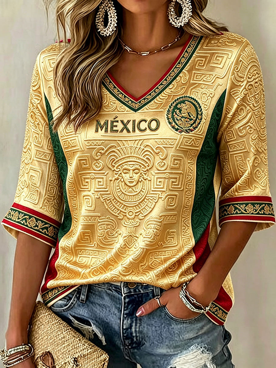 Camiseta estampada con diseño artístico de amor por el fútbol mexicano para mujer
