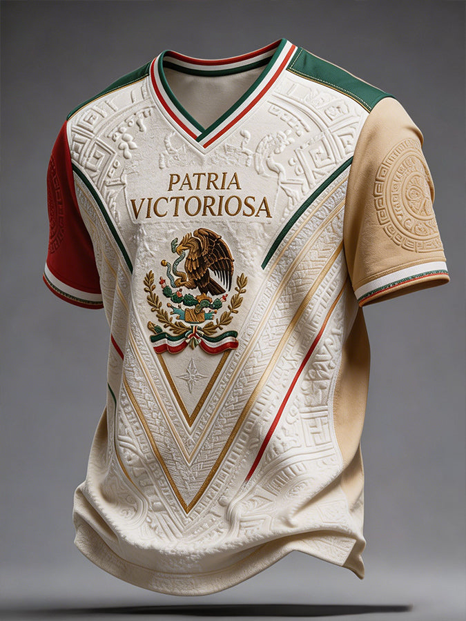 Camiseta de hombre con cuello en V y estampado artístico sobre el amor por el fútbol mexicano