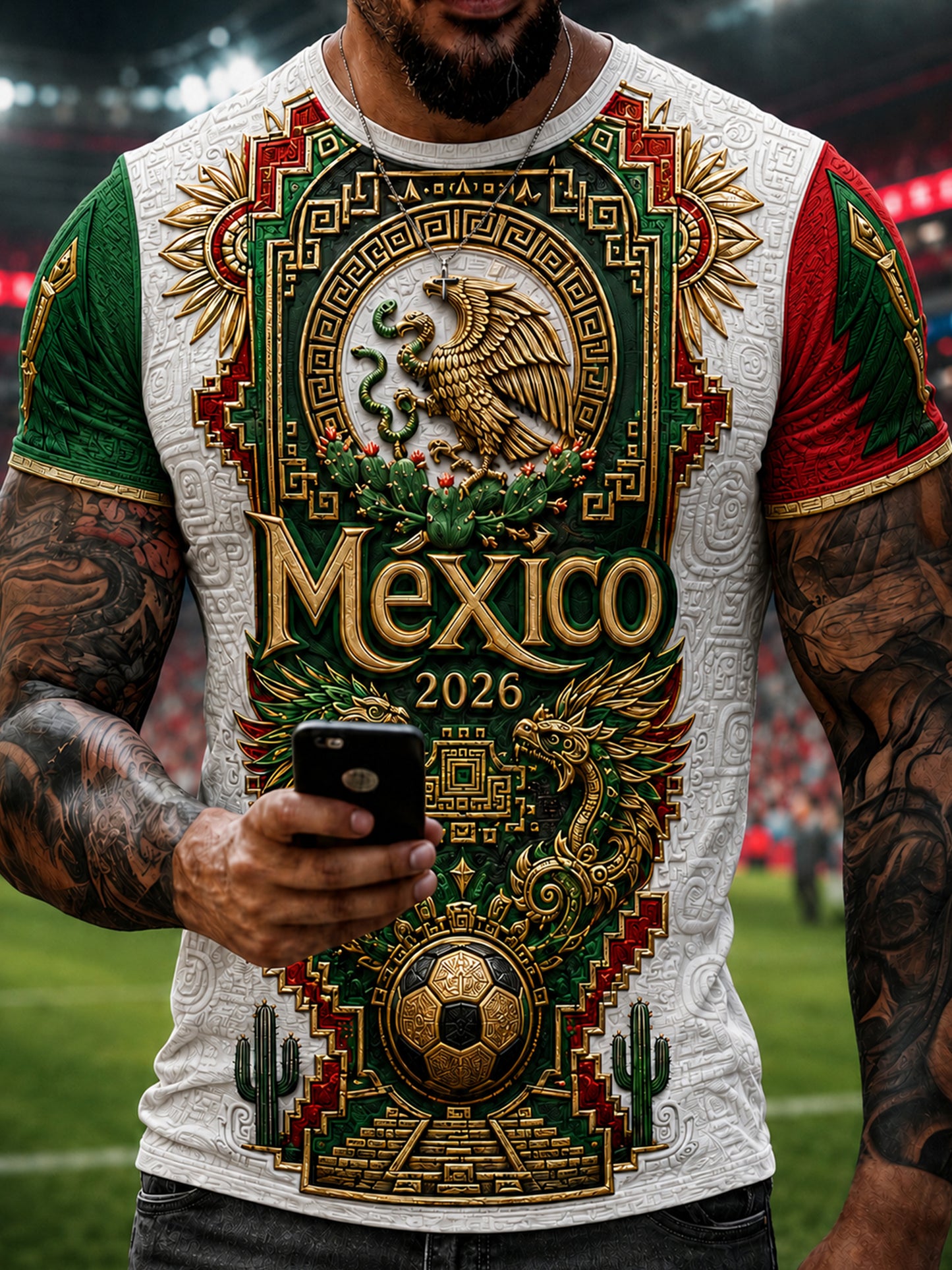 Camiseta con estampado artístico de aficionados al fútbol mexicano