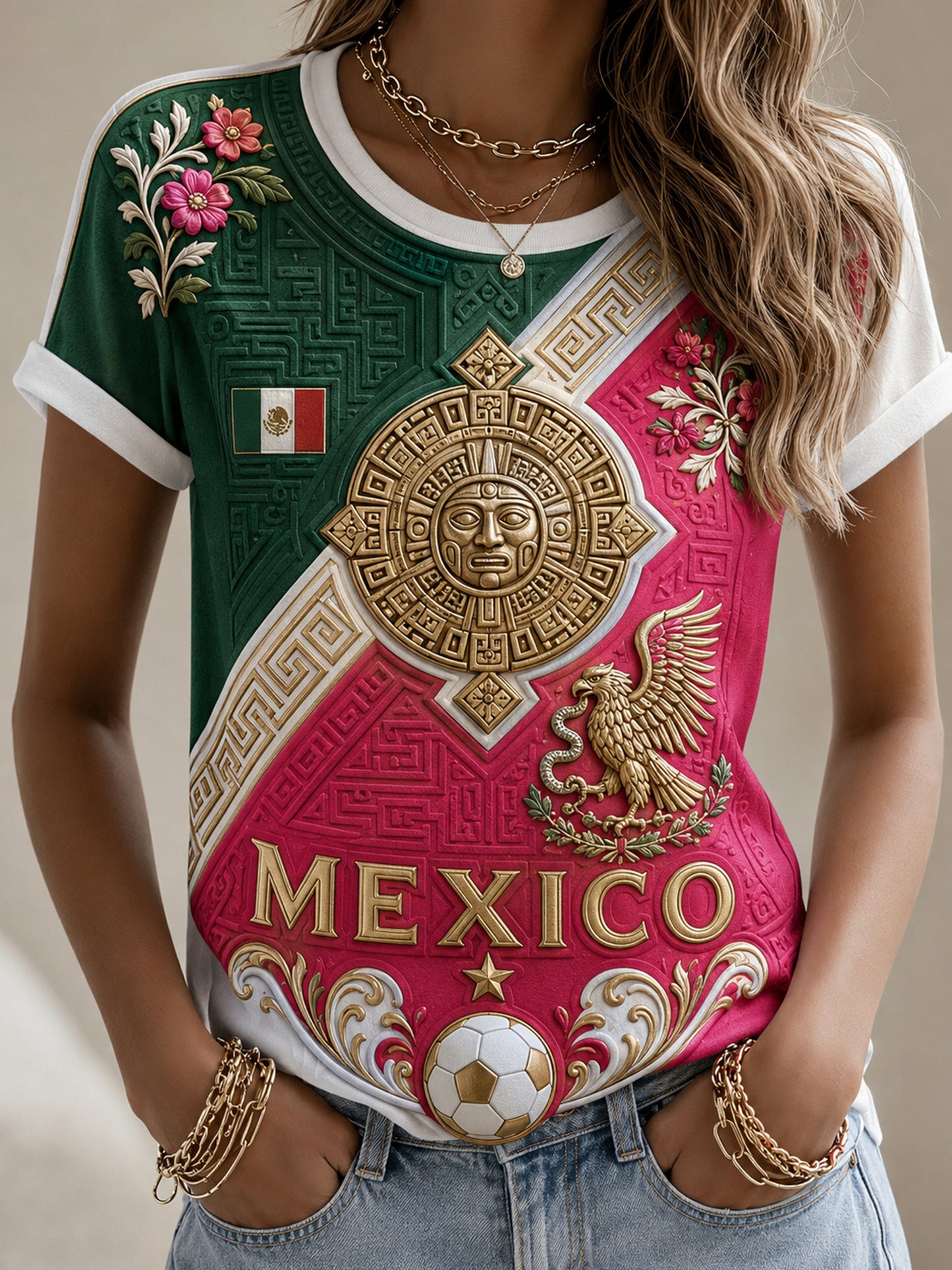 Camiseta con estampado artístico de animación a un partido de fútbol femenino mexicano