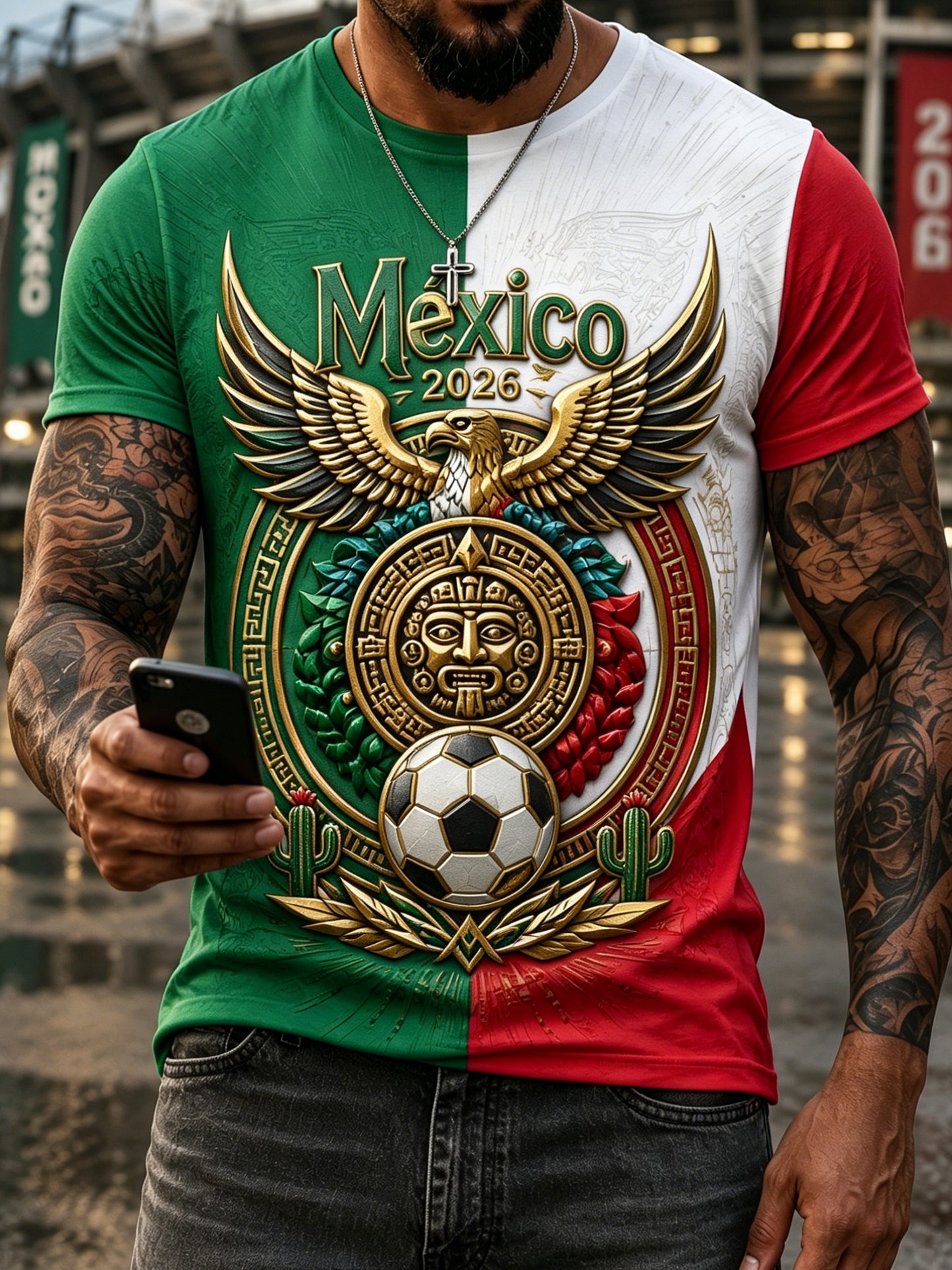 Camiseta con estampado artístico de aficionados al fútbol mexicano