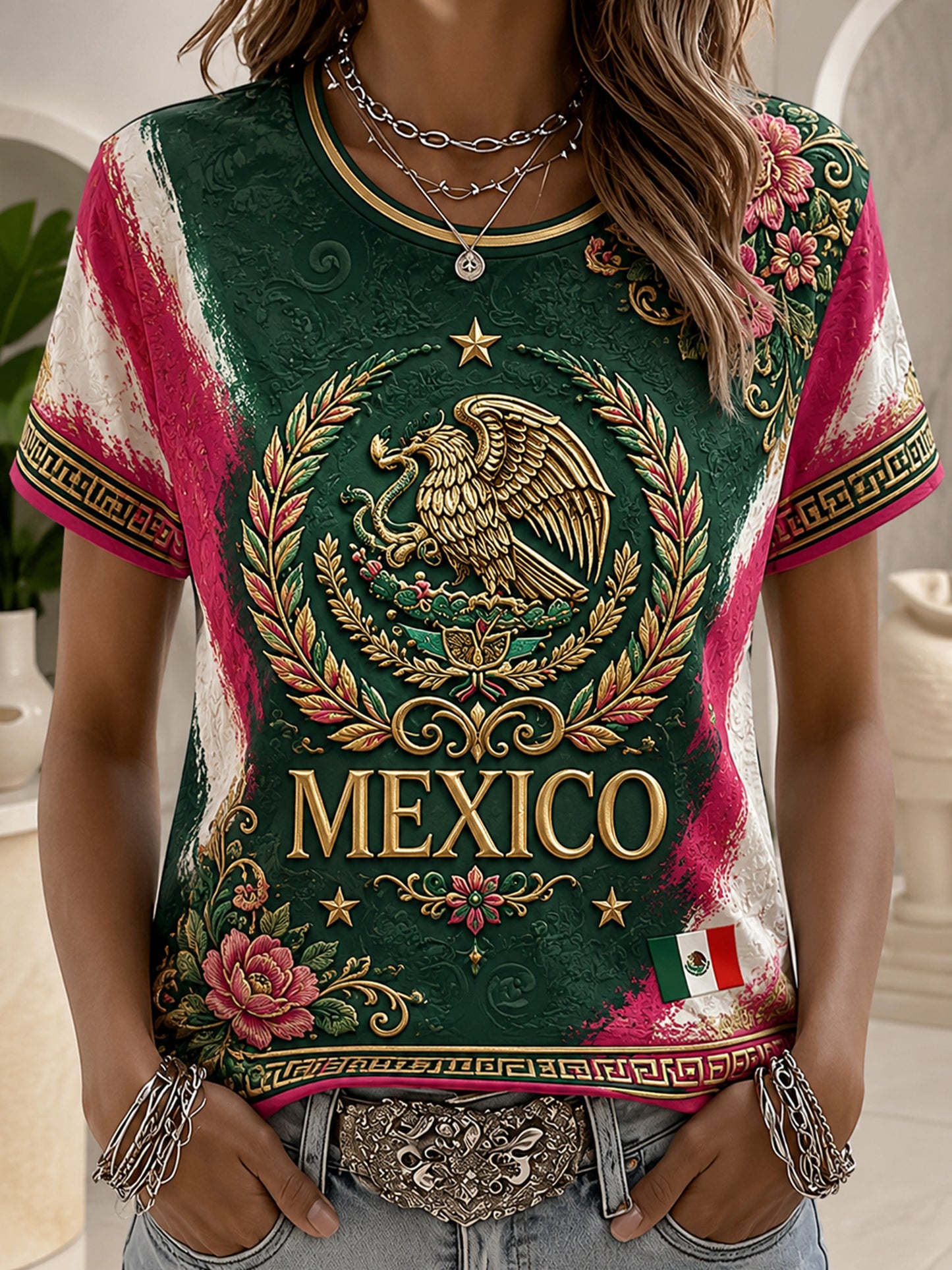 Camiseta con estampado artístico de animación a un partido de fútbol femenino mexicano