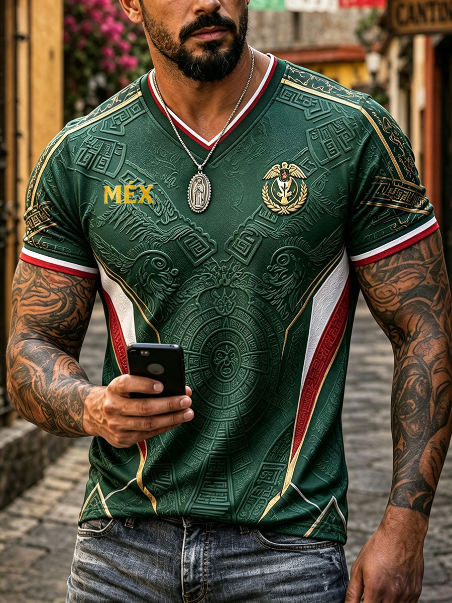 Camiseta de hombre con cuello en V y estampado artístico sobre el amor por el fútbol mexicano