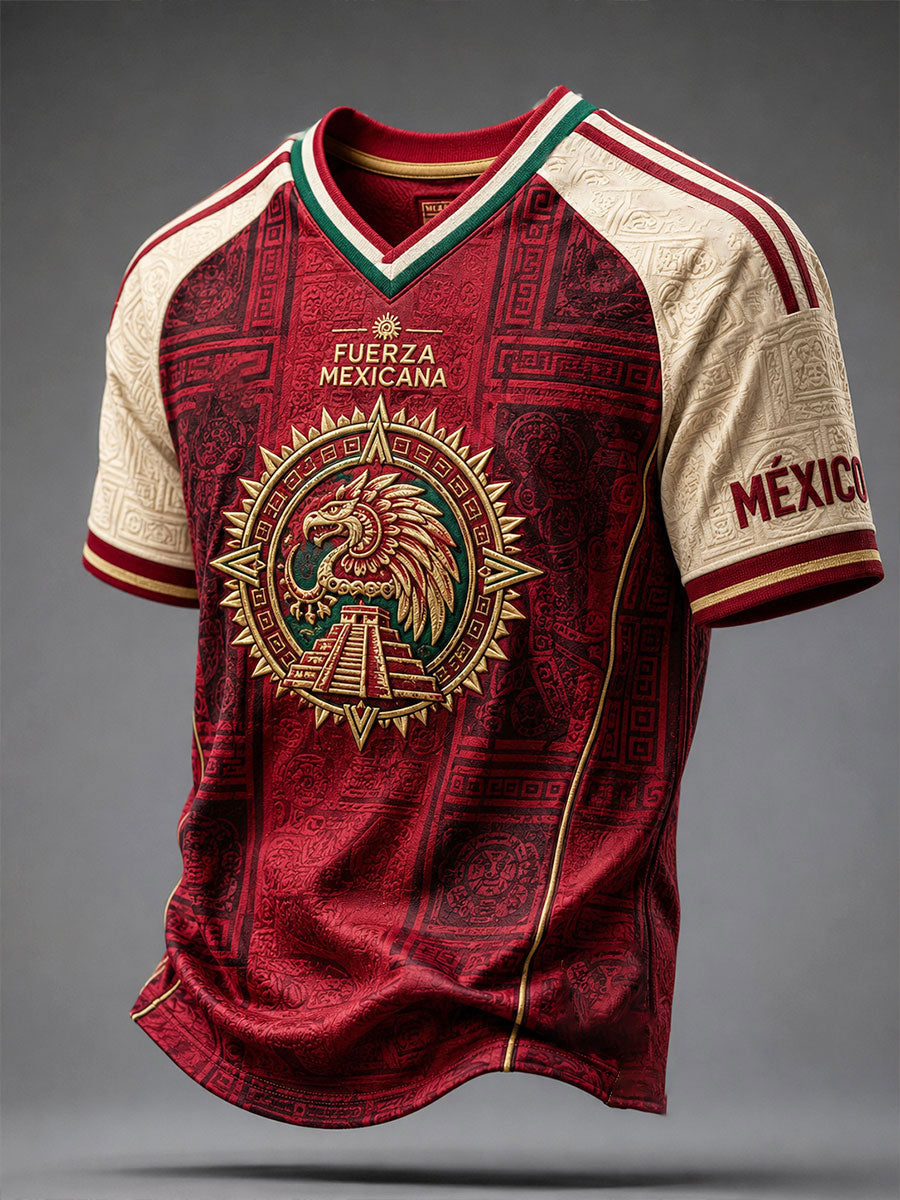Camiseta de hombre con cuello en V y estampado artístico sobre el amor por el fútbol mexicano