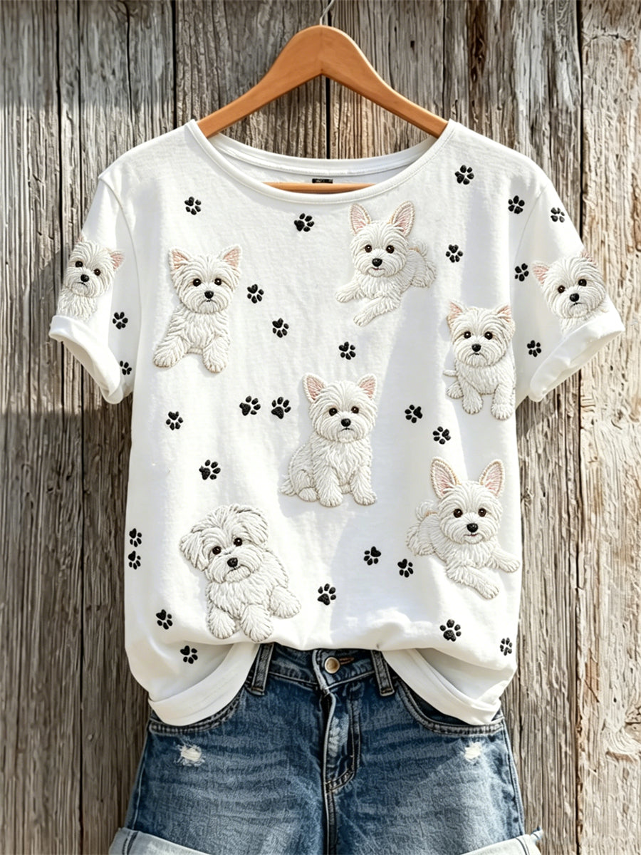 Camiseta de manga corta estampada con diseño de perritos maltés y huellas de patas para mujer
