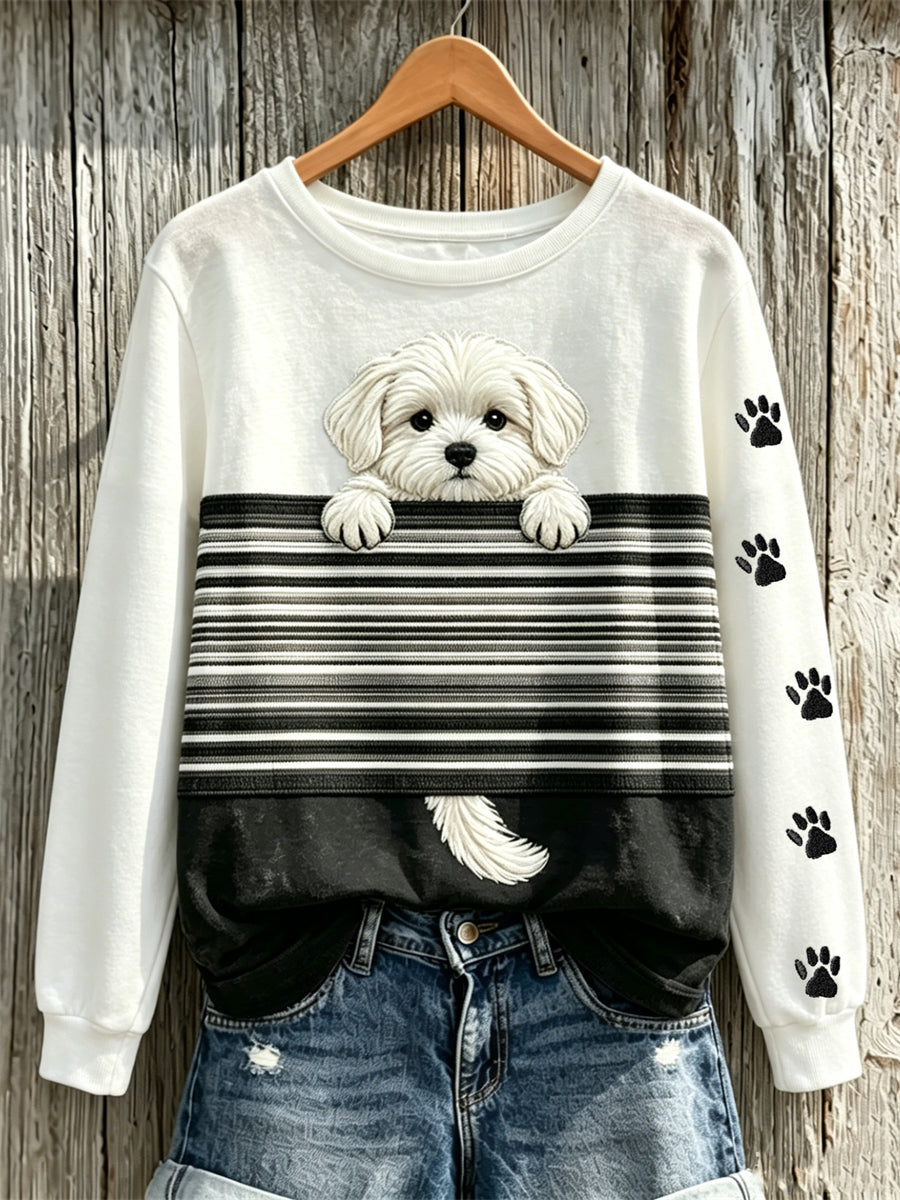 Sudadera Mujer Peeking Maltese Dog & Paw Prints Colorblock Print