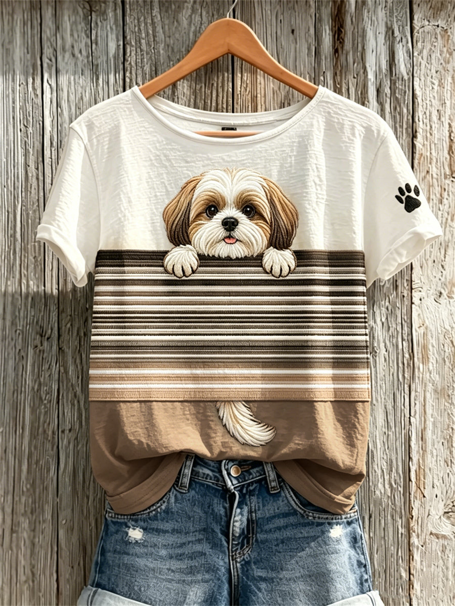 Peeking Shih Tzu Dog & Paw Print Colorblock Print camiseta de manga corta para mujer