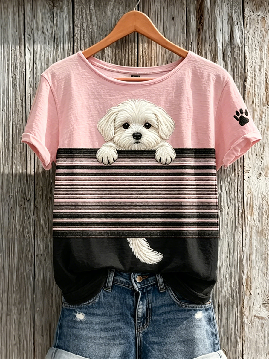 Camiseta de manga corta con estampado de color de perro maltés Peeking para mujer