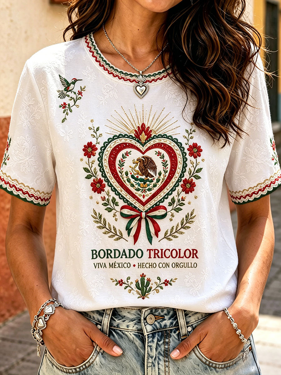 Camiseta de lino estampada con diseño del orgullo mexicano para mujer