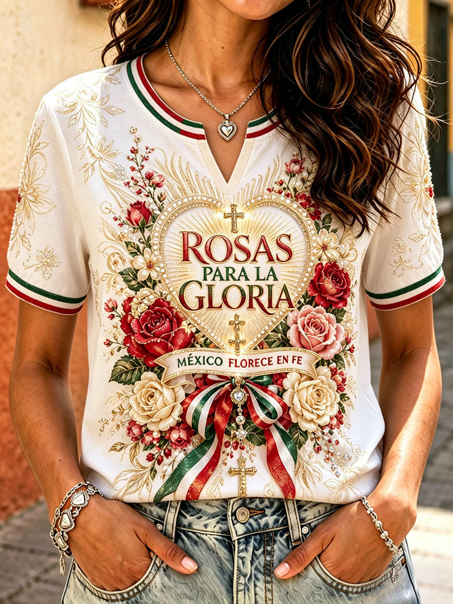 Camiseta de lino estampada con diseño del orgullo mexicano para mujer