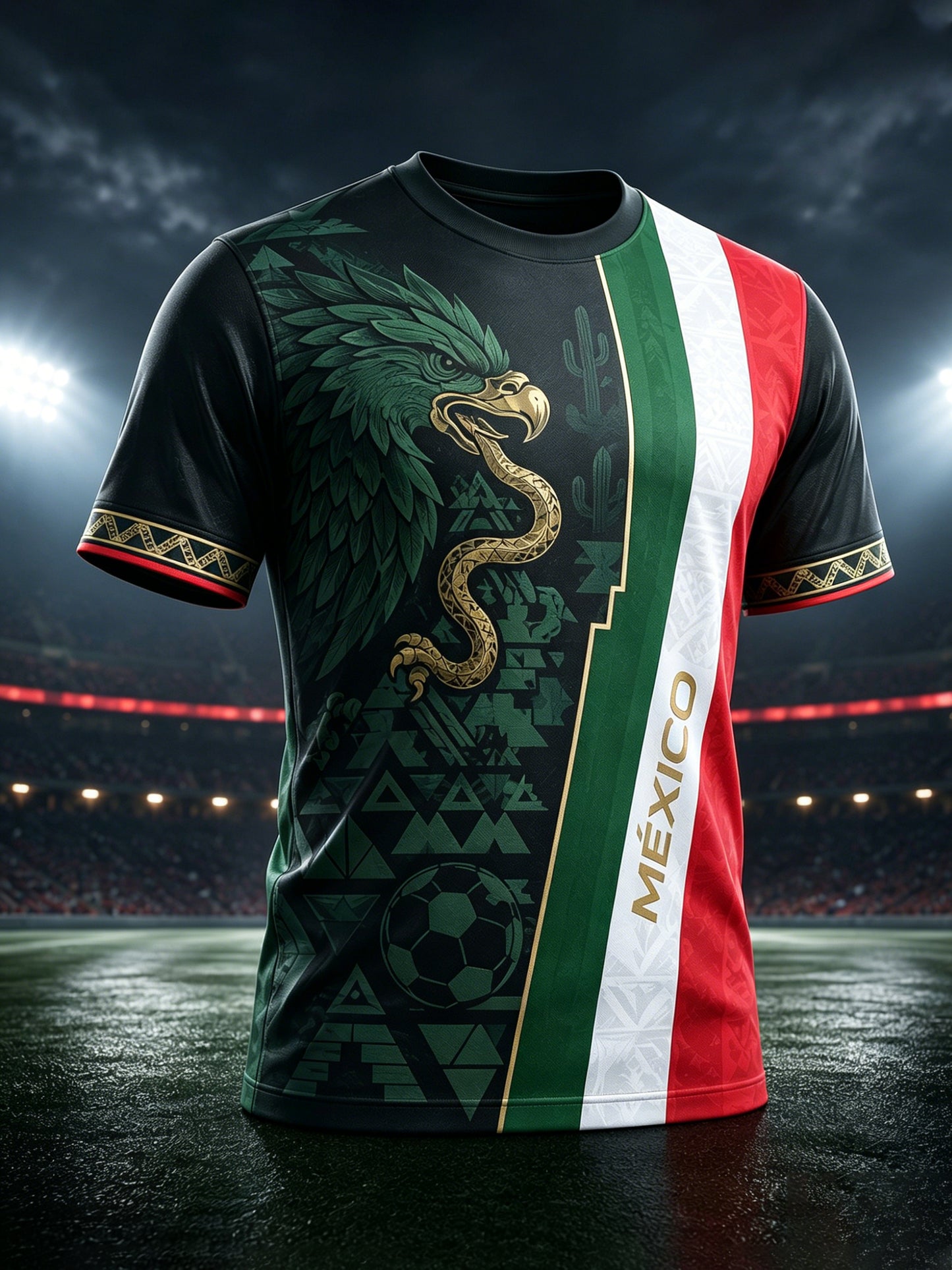 Camiseta con estampado artístico de elementos de animación en un partido de fútbol mexicano para hombre