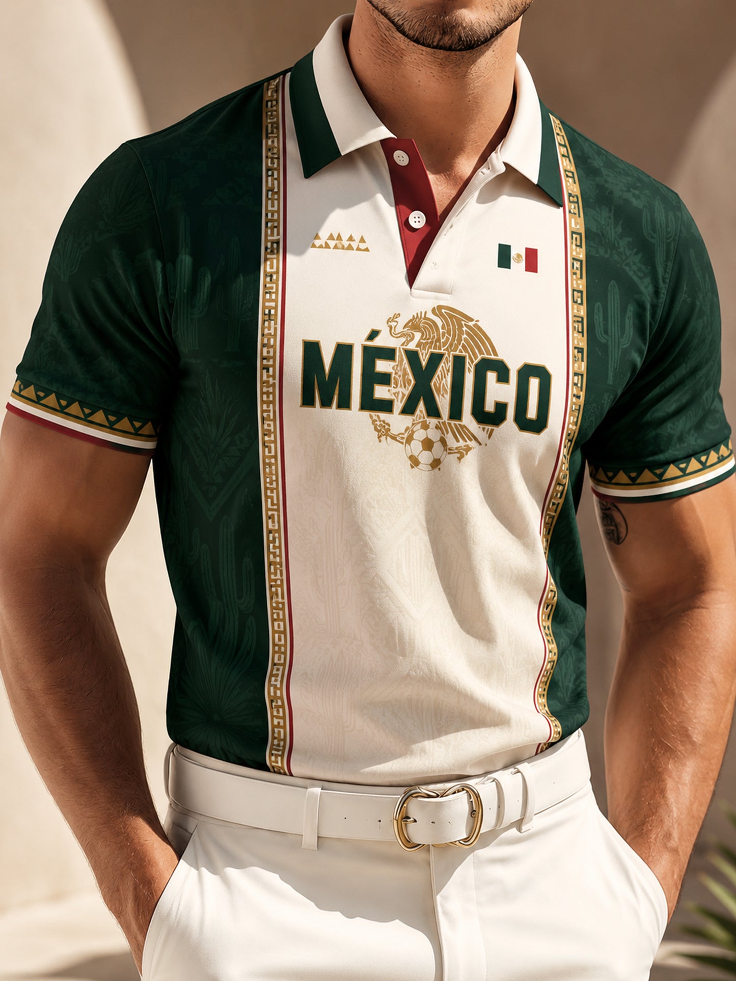 Camiseta polo con estampado artístico de elementos de animación en un partido de fútbol mexicano para hombre