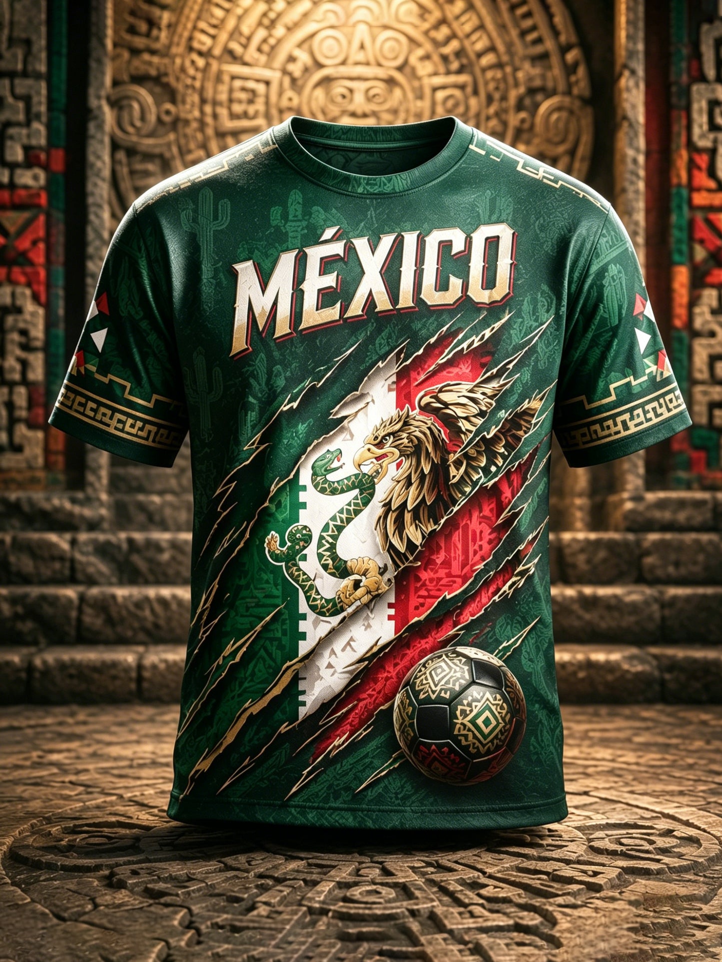 Camiseta con estampado artístico de elementos de animación en un partido de fútbol mexicano para hombre