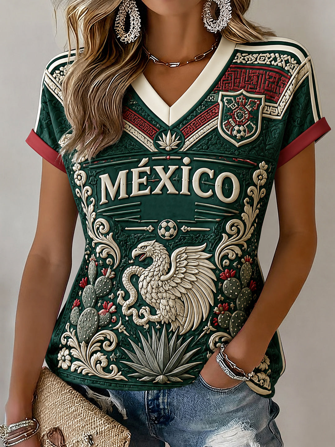 Camiseta estampada casual de fan de fútbol mexicano para mujer