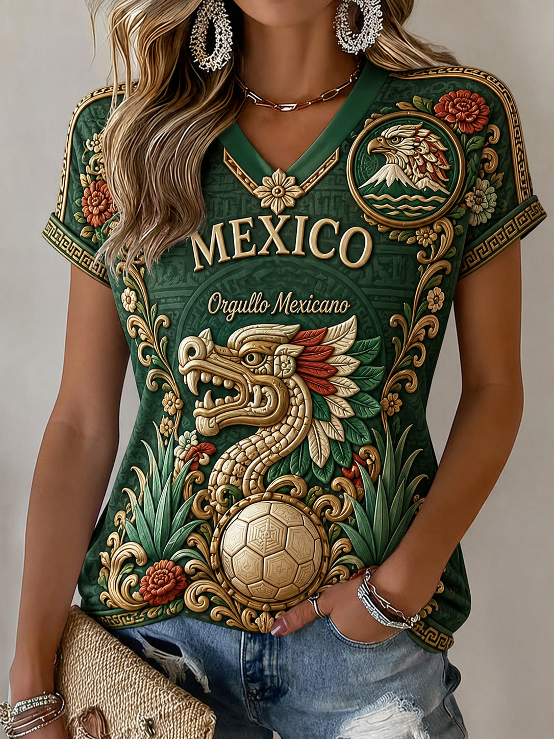 Camiseta informal estampada de aficionada mexicana de fútbol para mujer