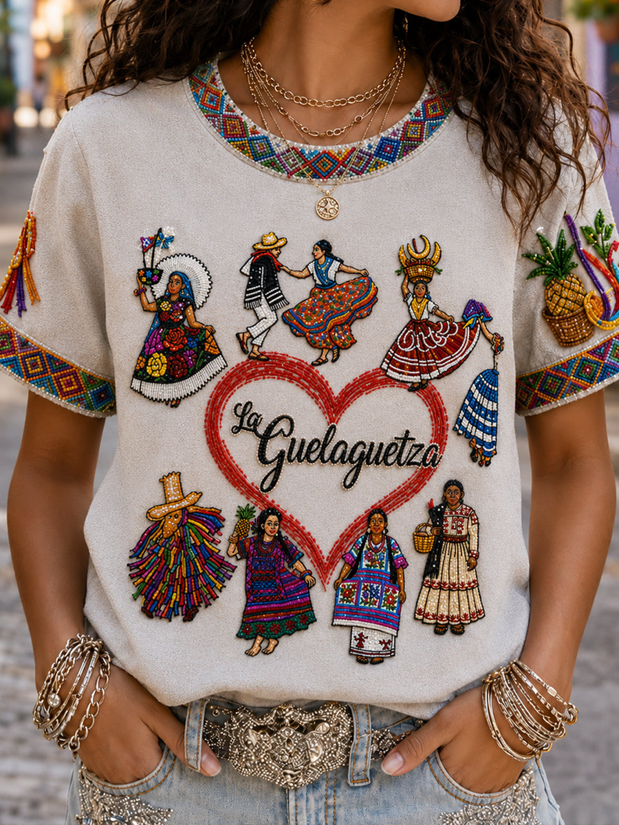 Camiseta de lino estampada con arte mexicano de la Guelaguetza femenina
