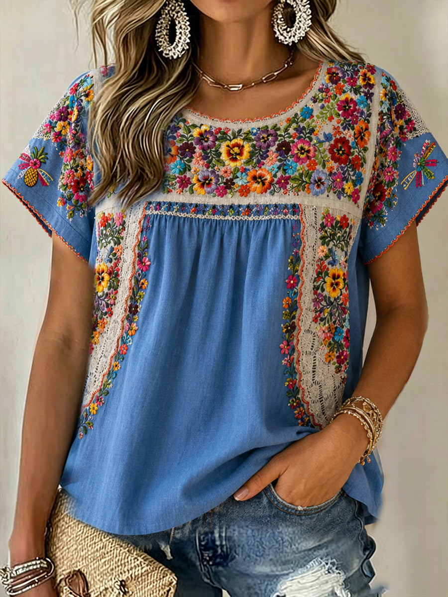 Tops de lino estampados Guelaguetza Mexico Art de mujer