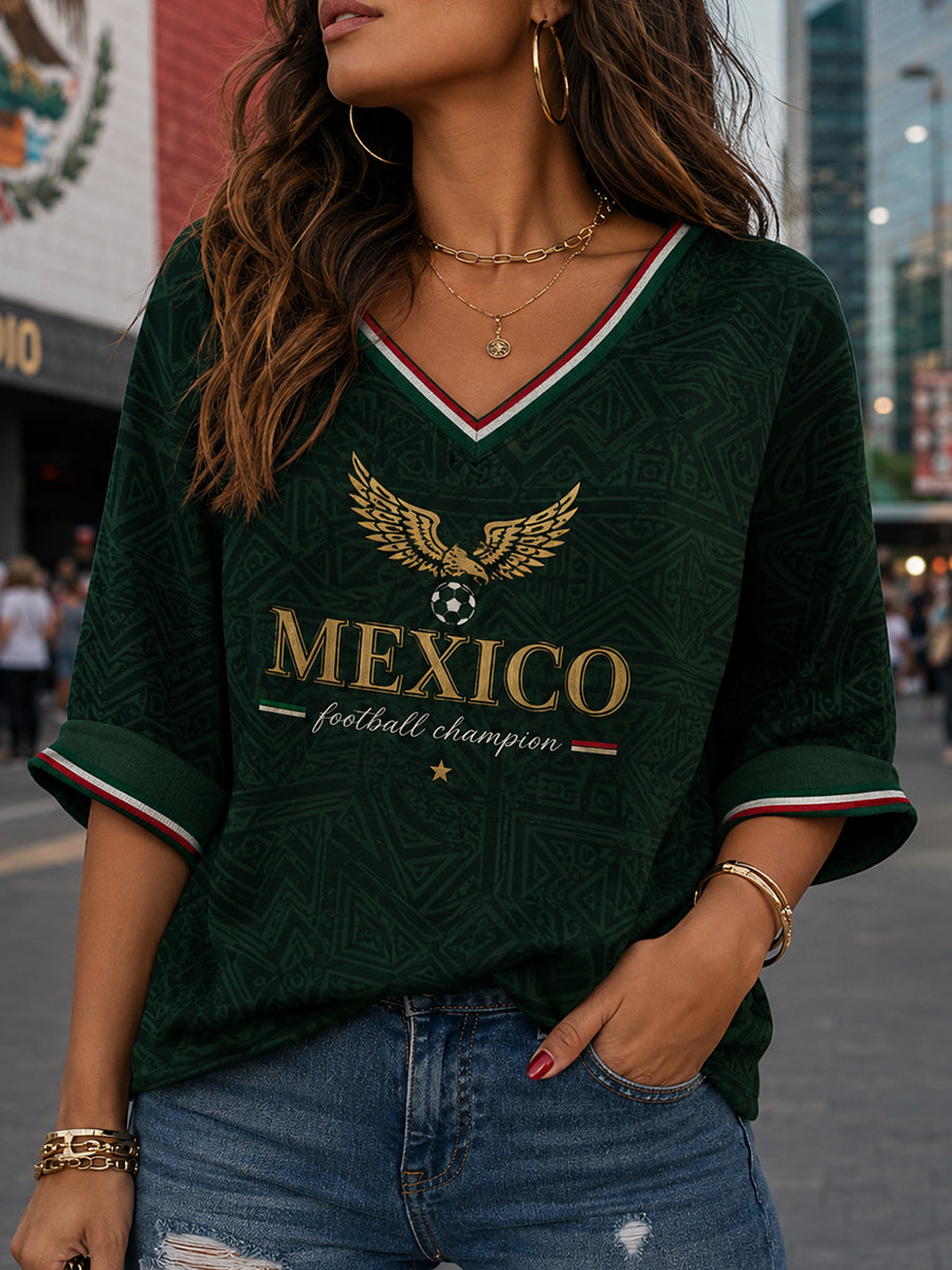 Camiseta de cuello en V con estampado artístico de elemento de animación para partido de fútbol femenino mexicano