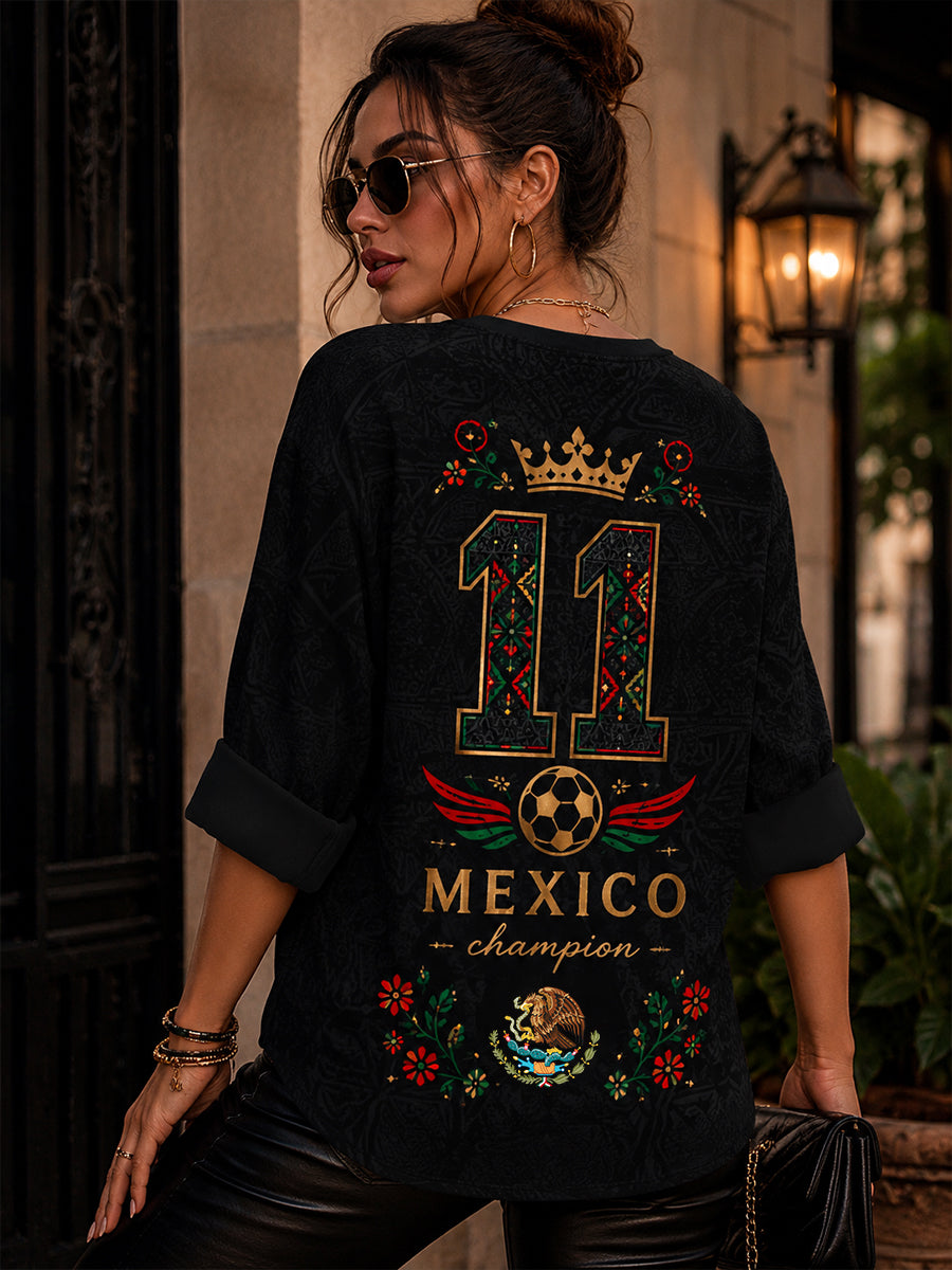 Camiseta de cuello en V con estampado artístico de elemento de animación para partido de fútbol femenino mexicano