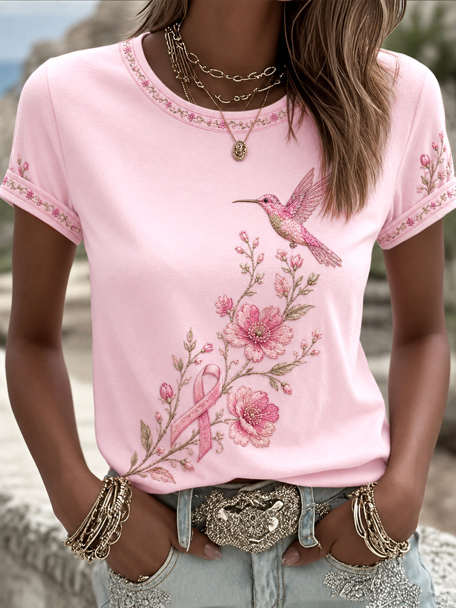 Camiseta de apoyo a la concienciación sobre el cáncer de mama para mujer, con estampado floral rosa y colibríes