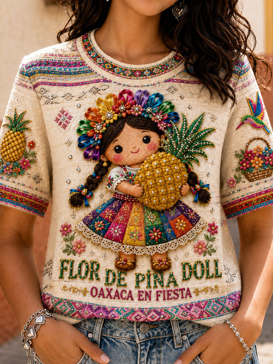 Camiseta estampada con arte de la muñeca Lele mexicana Guelaguetza para mujer