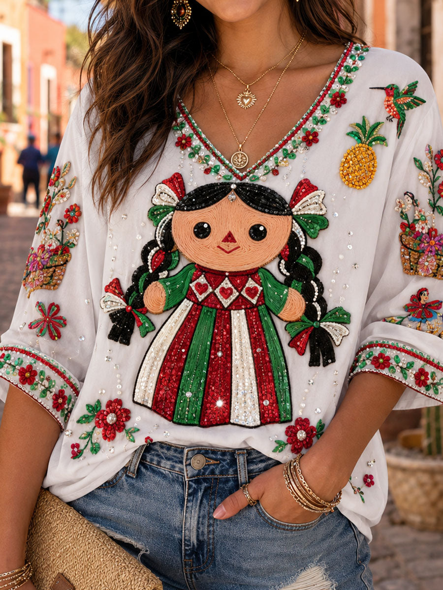 Camiseta de lino impresa México Guelaguetza Lele Doll Art para mujer