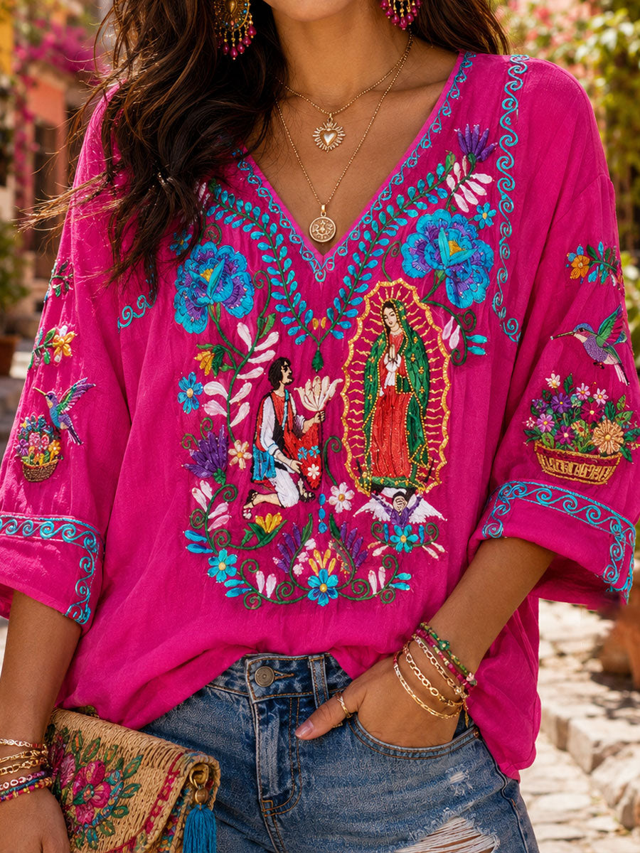 Camiseta de lino México Guelaguetza Art Printed para mujer