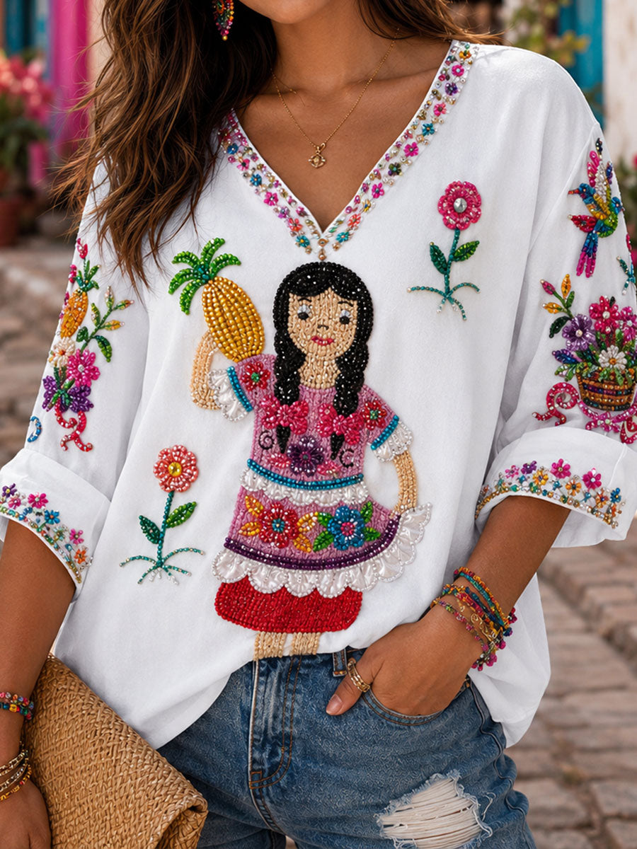 Camiseta de lino estampada con arte de muñeca Lele mexicana para mujer, Guelaguetza