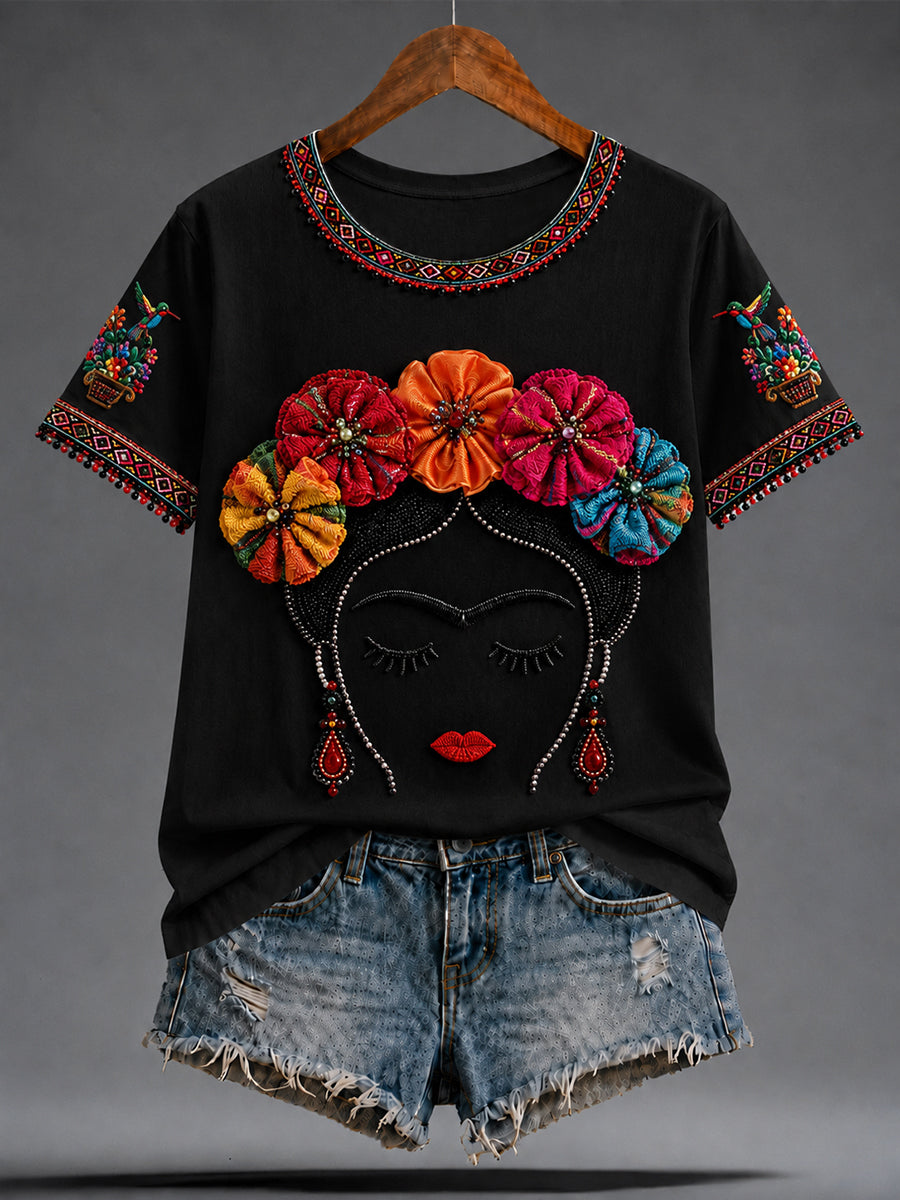 Camiseta estampada con arte de la muñeca Lele mexicana Guelaguetza para mujer