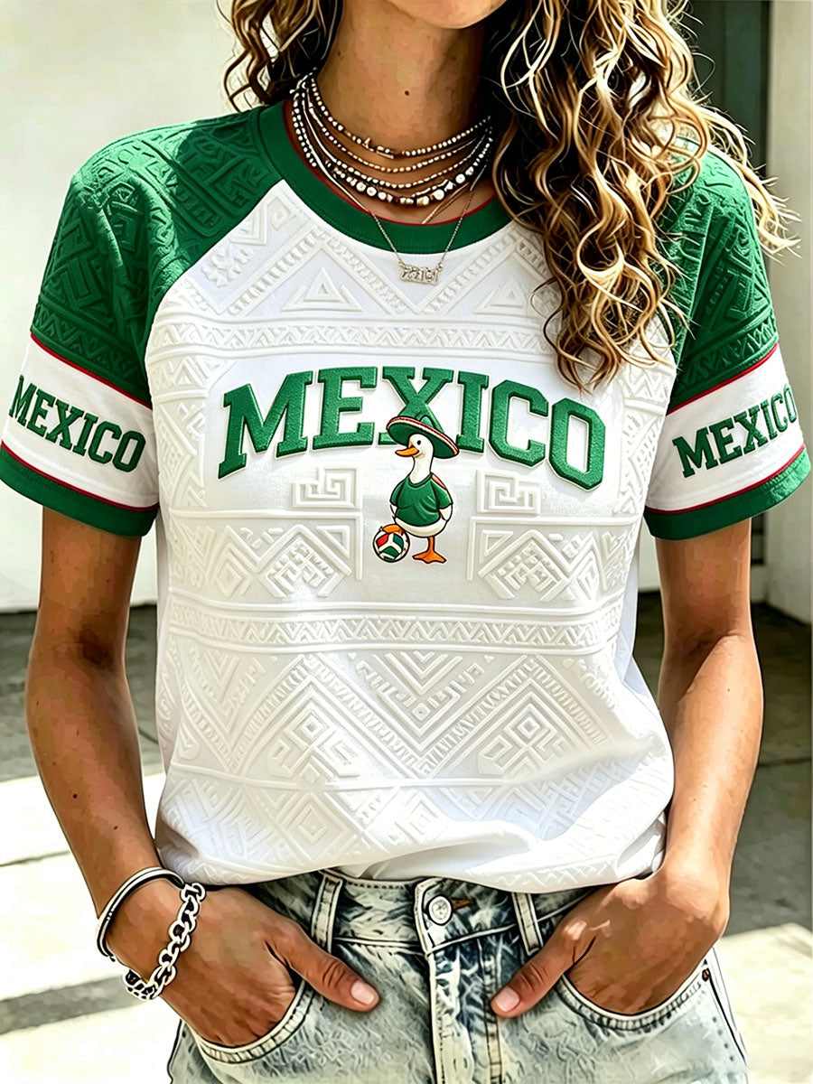 Camiseta con estampado artístico para amantes del fútbol, diseño divertido de pato mexicano para mujer
