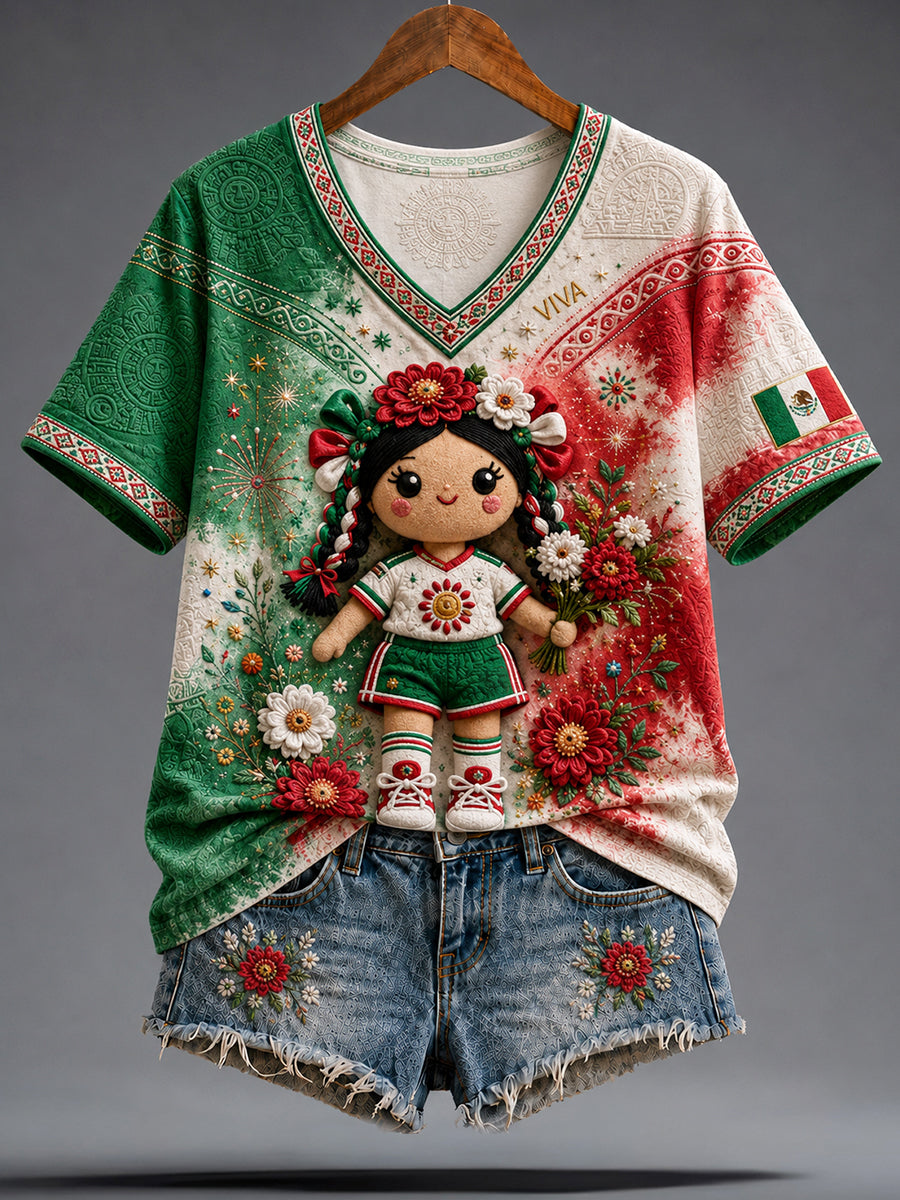 Camiseta con estampado artístico para amantes del fútbol mexicano, divertida muñeca Lele para mujer