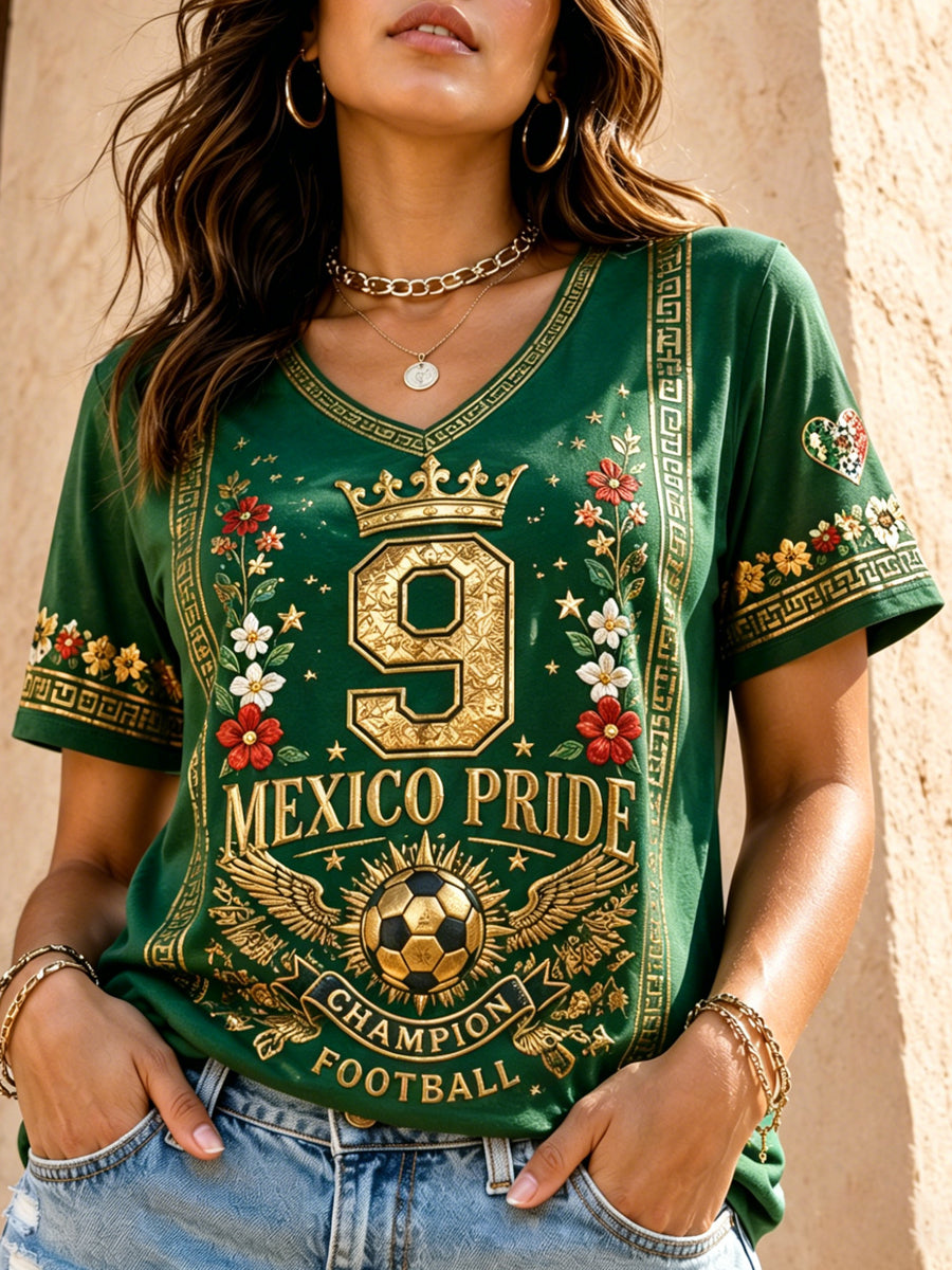 Camiseta de cuello en V con estampado artístico de elemento de animación para partido de fútbol femenino mexicano