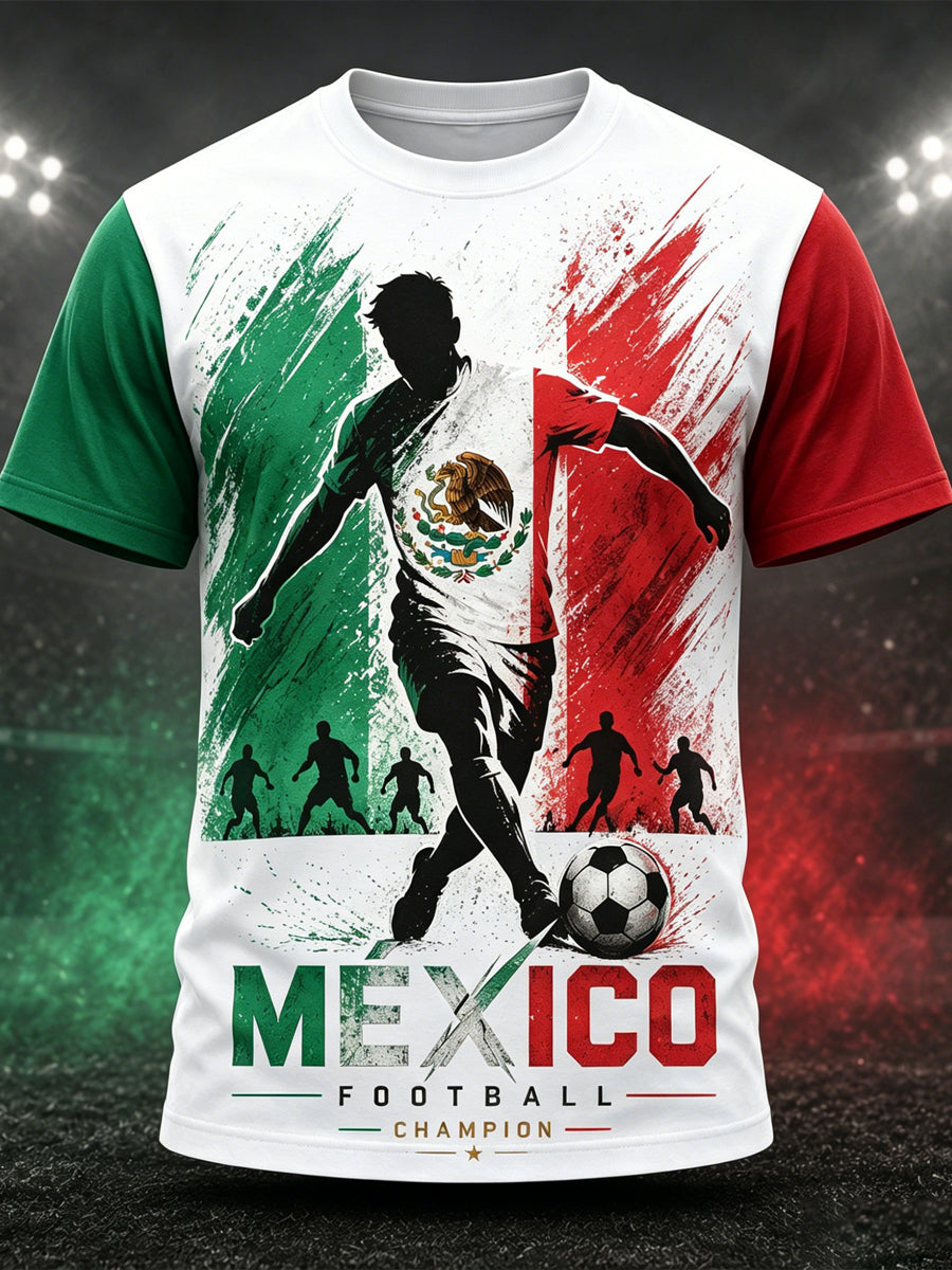 Camiseta con estampado artístico de elementos de animación en un partido de fútbol mexicano para hombre