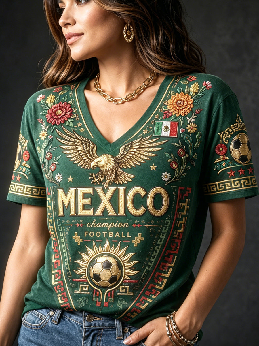 Camiseta de cuello en V con estampado artístico de elemento de animación para partido de fútbol femenino mexicano