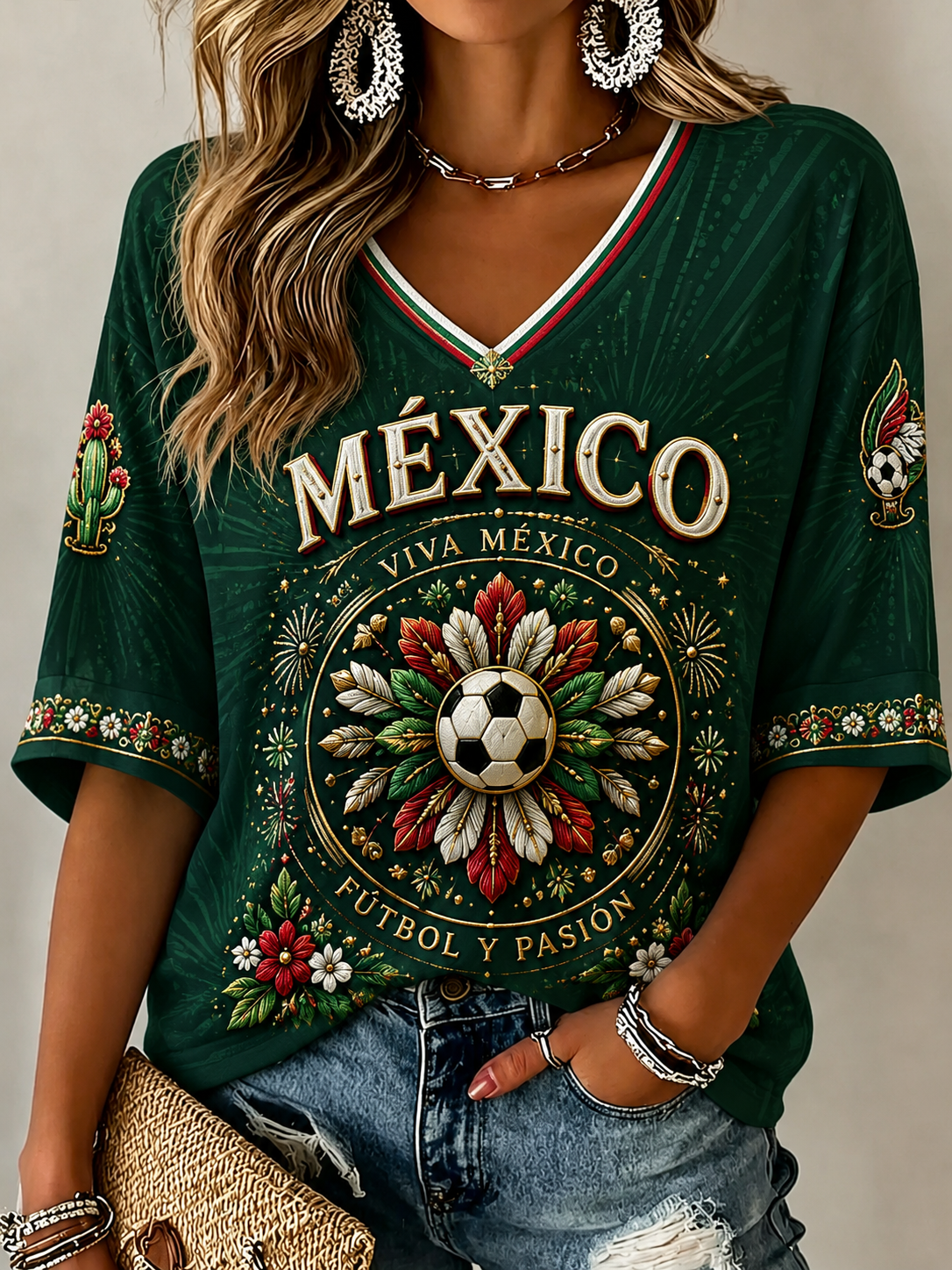 Camiseta mexicana de fútbol para mujer, de lino, de manga corta