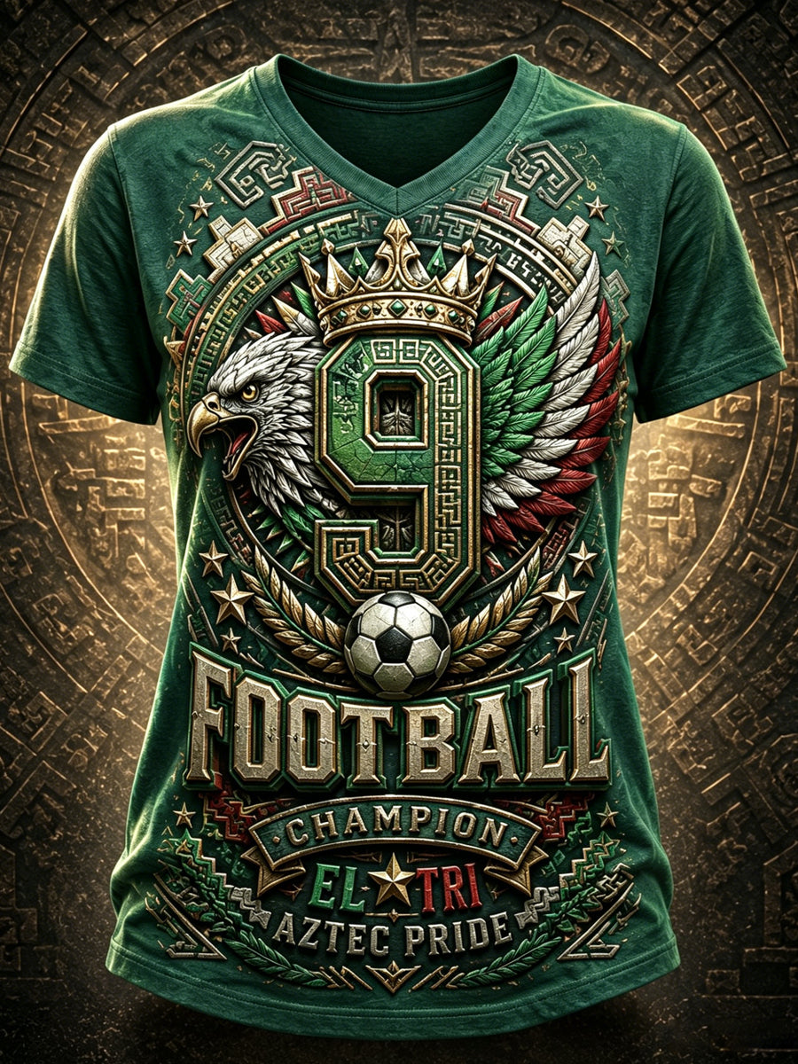 Camiseta de cuello en V con estampado artístico de elemento de animación para partido de fútbol femenino mexicano