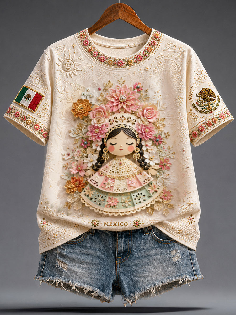 Camiseta con estampado artístico de muñeca Lele, amante del fútbol mexicano, para mujer
