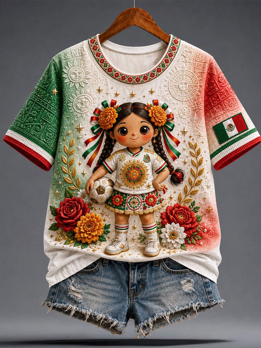 Camiseta con estampado artístico de muñeca Lele, amante del fútbol mexicano, para mujer