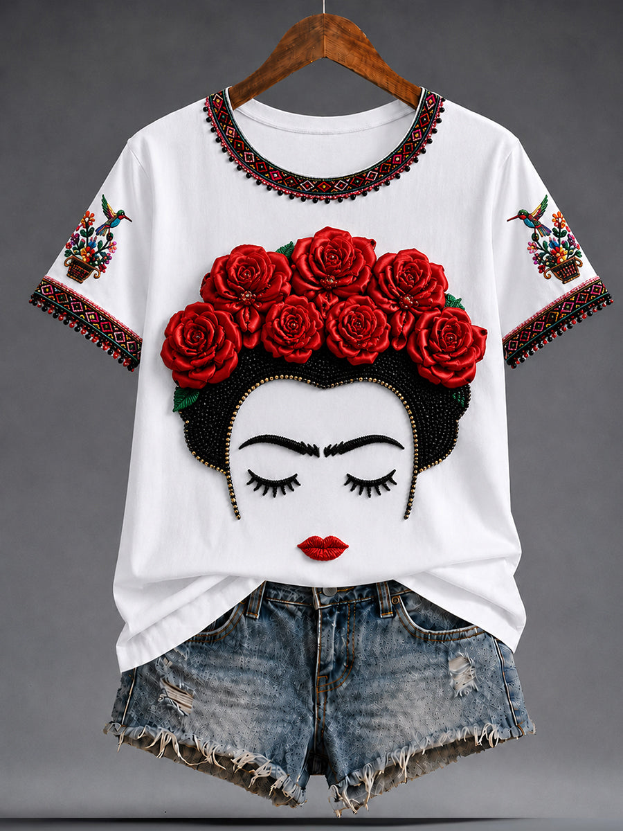 Camiseta estampada con arte de muñeca Lele mexicana para la Guelaguetza femenina