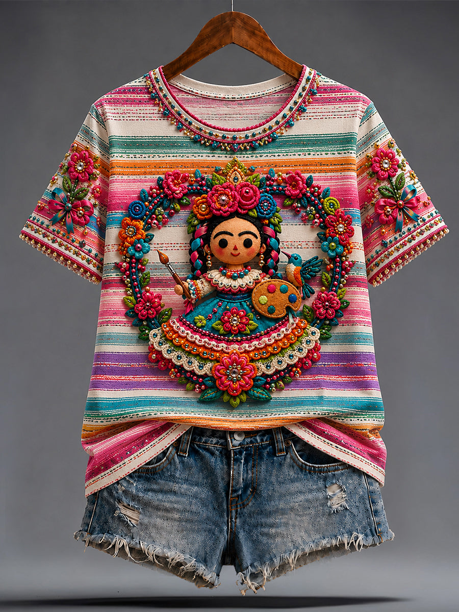 Camiseta estampada con arte de muñeca Lele mexicana para la Guelaguetza femenina