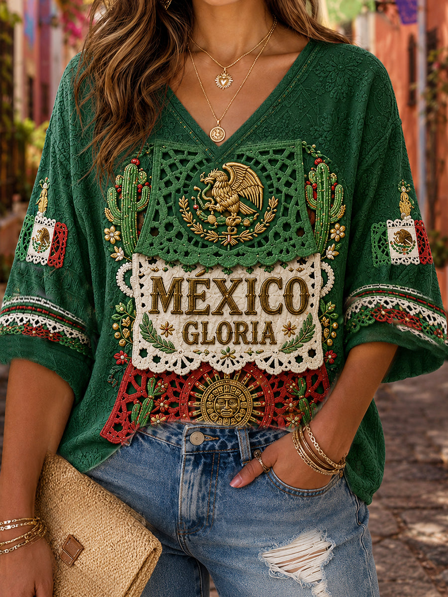 Camiseta de lino estampada con arte de muñeca Lele de la Guelaguetza de México para mujer