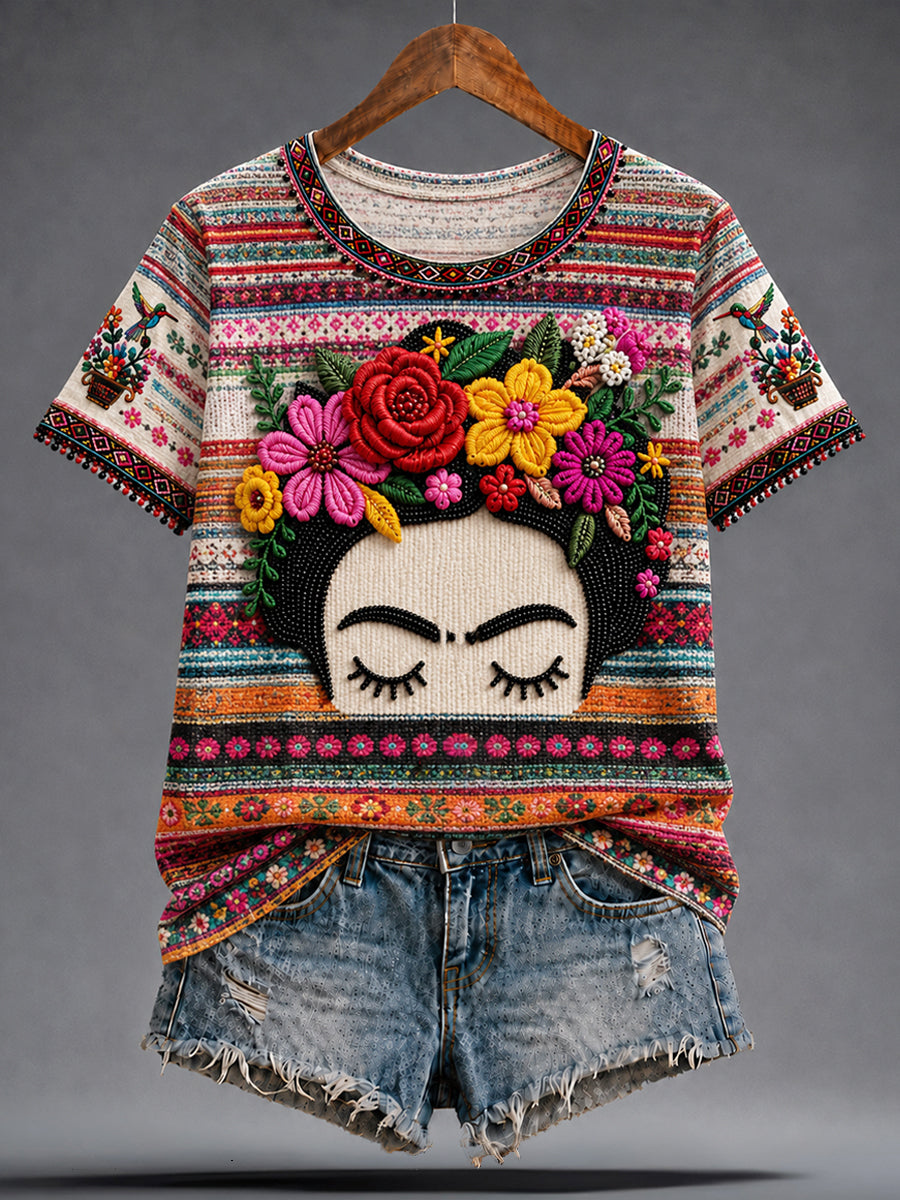 Camiseta estampada con arte de muñeca Lele mexicana para la Guelaguetza femenina
