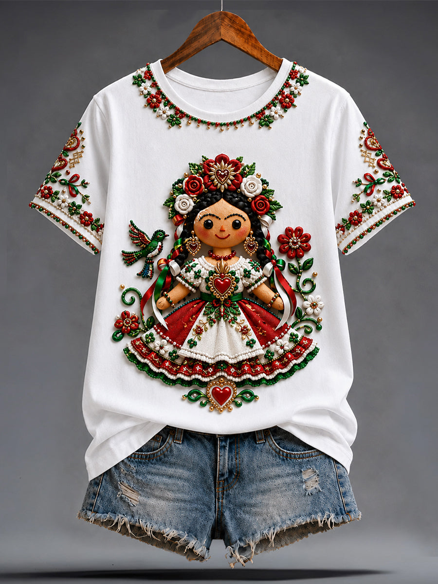 Camiseta estampada con arte de muñeca Lele mexicana para la Guelaguetza femenina
