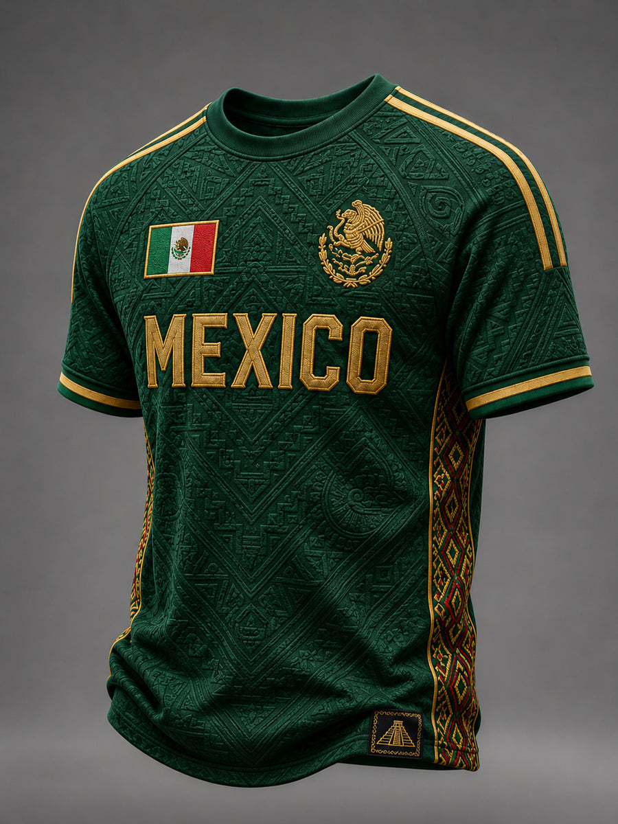 Camiseta de manga corta con cuello redondo para hombres, diseño deportivo con temática del fútbol mexicano
