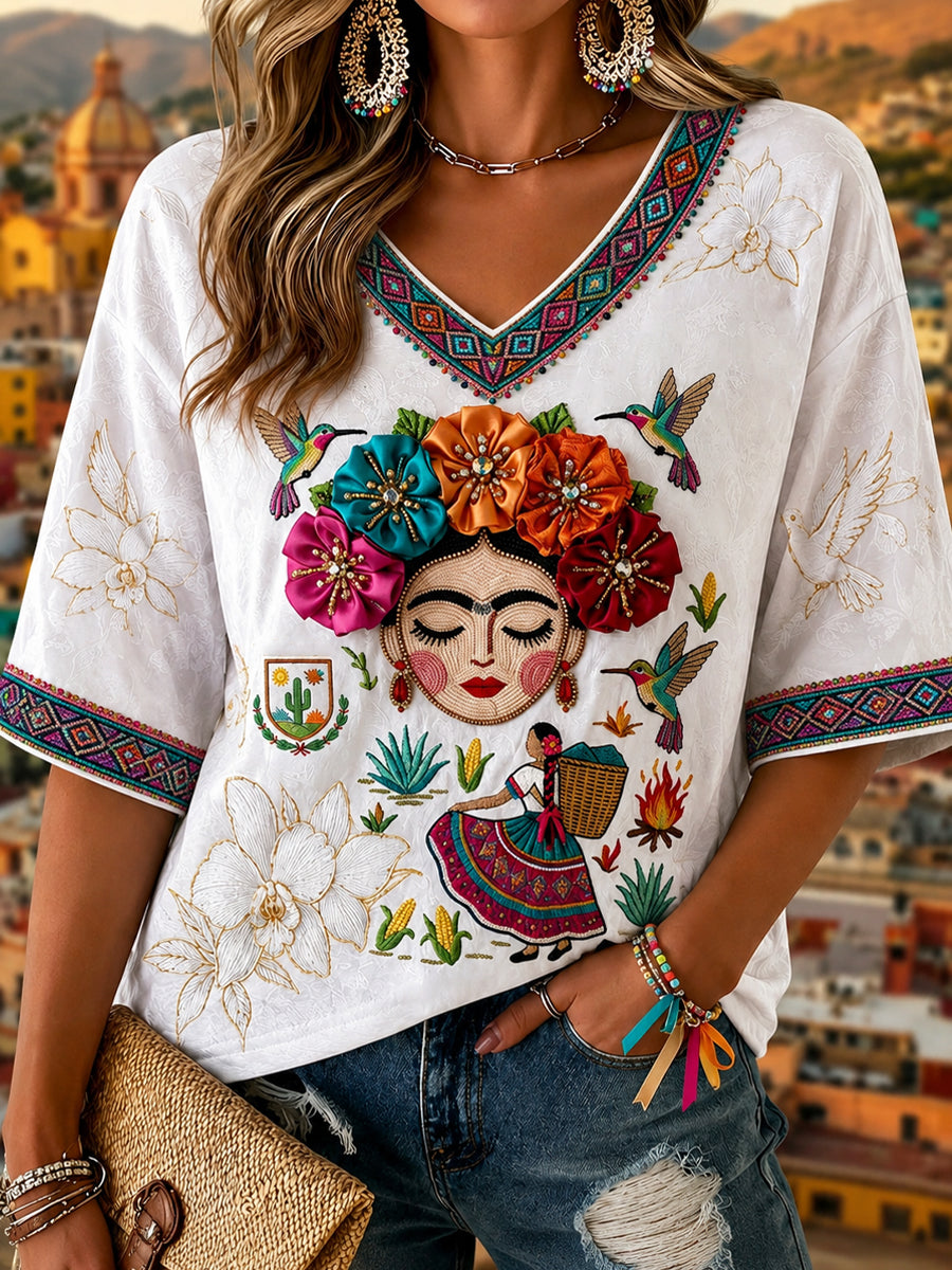 Camiseta informal de manga corta con estampado mexicano de Guelaguetza para mujer